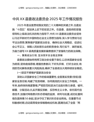 中共XX县委政法委员会2025年工作情况报告