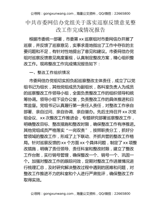 中共市委网信办党组关于落实巡察反馈意见整改工作完成情况报告