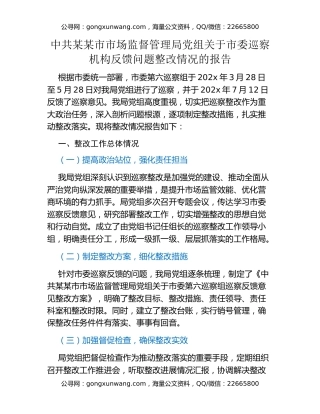 中共某某市市场监督管理局党组关于市委巡察机构反馈问题整改情况的报告