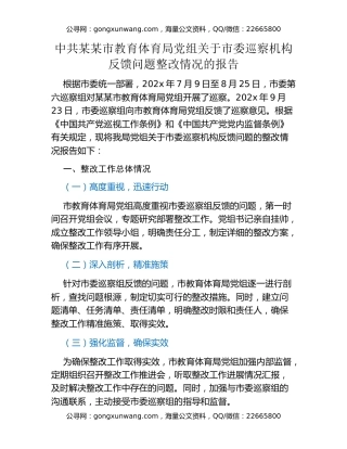 中共某某市教育体育局党组关于市委巡察机构反馈问题整改情况的报告