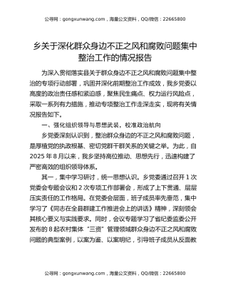 乡关于深化群众身边不正之风和腐败问题集中整治工作的情况报告