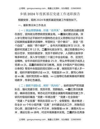 乡镇2024年度抓基层党建工作述职报告