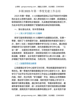 乡镇2025 年第一季度党建工作总结