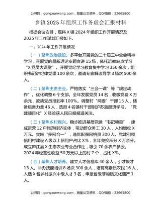乡镇2025年组织工作务虚会汇报材料