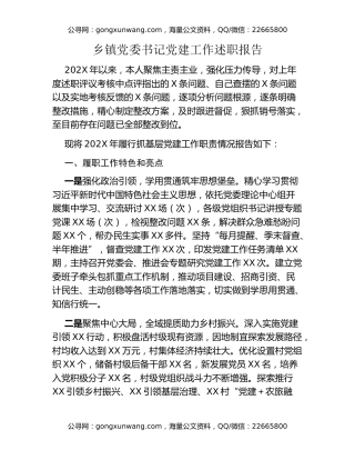 乡镇党委书记党建工作述职报告