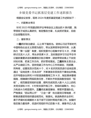 乡镇党委书记抓基层党建工作述职报告