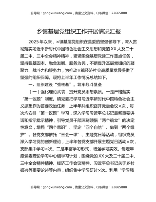 乡镇基层党组织工作开展情况汇报