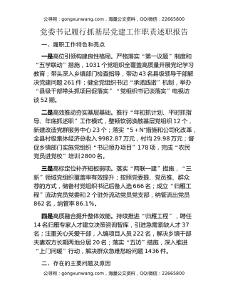 党委书记履行抓基层党建工作职责述职报告