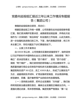 党委向巡视组汇报近三年以来工作情况专题报告（集团公司）