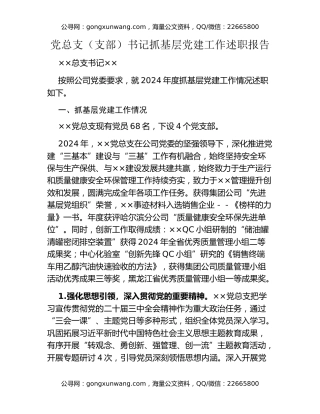 党总支（支部）书记抓基层党建工作述职报告