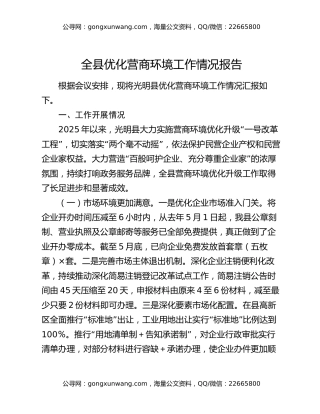 全县优化营商环境工作情况报告（2）