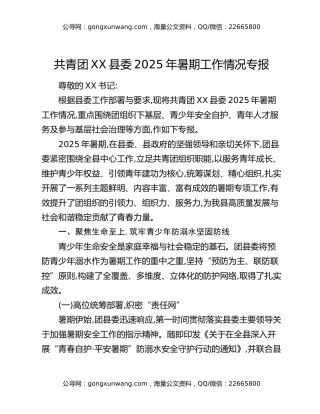 共青团XX县委2025年暑期工作情况专报