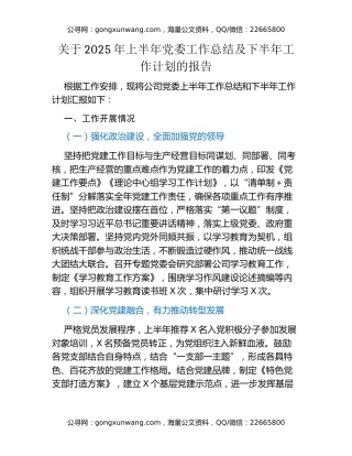 关于2025年上半年党委工作总结及下半年工作计划的报告