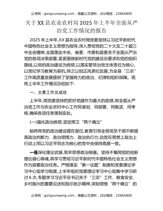 关于XX县农业农村局2025年上半年全面从严治党工作情况的报告