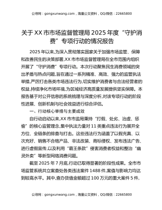 关于XX市市场监督管理局2025年度“守护消费”专项行动的情况报告
