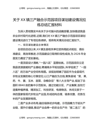 关于XX镇三产融合示范园项目谋划建设情况拉练总结汇报材料