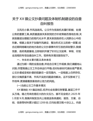 关于XX镇公文抄袭问题及体制机制建设的自查自纠报告