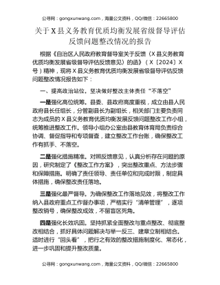 关于X县义务教育优质均衡发展省级督导评估反馈问题整改情况的报告