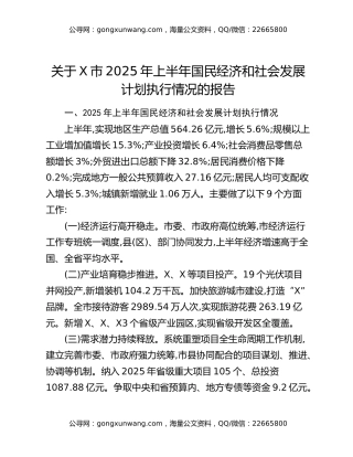 关于X市2025年上半年国民经济和社会发展计划执行情况的报告