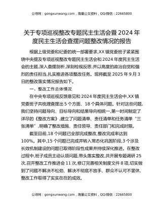 关于专项巡视整改专题民主生活会暨2024年度民主生活会查摆问题整改情况的报告
