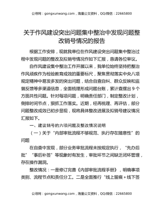 关于作风建设突出问题集中整治中发现问题整改销号情况的报告