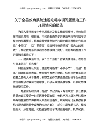 关于全县教育系统违规吃喝专项问题整治工作开展情况的报告