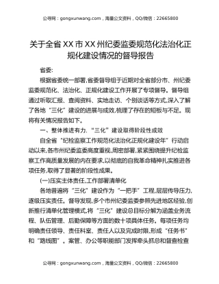 关于全省XX市XX州纪委监委规范化法治化正规化建设情况的督导报告