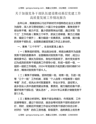 关于加强党务干部队伍建设推动基层党建工作高质量发展工作情况报告