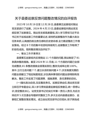 关于县委巡察反馈问题整改情况的自评报告
