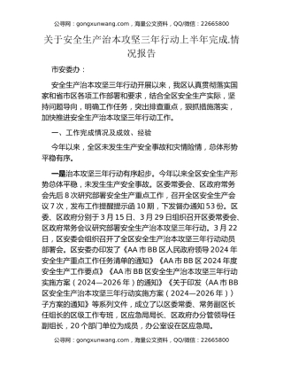 关于安全生产治本攻坚三年行动上半年完成.情况报告