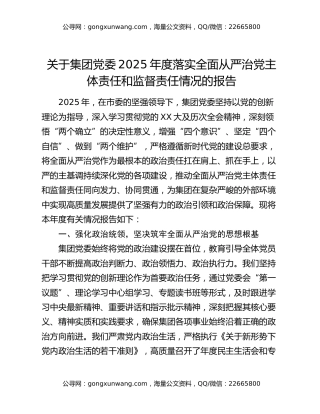 关于集团党委2025年度落实全面从严治党主体责任和监督责任情况的报告