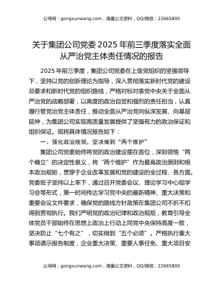 关于集团公司党委2025年前三季度落实全面从严治党主体责任情况的报告