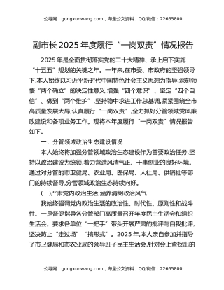 副市长2025年度履行“一岗双责”情况报告