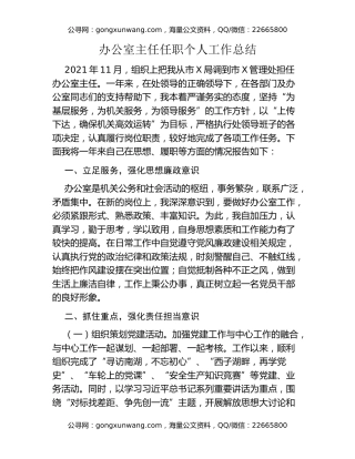 办公室主任任职个人工作总结