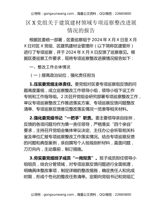区X党组关于建筑建材领域专项巡察整改进展情况的报告