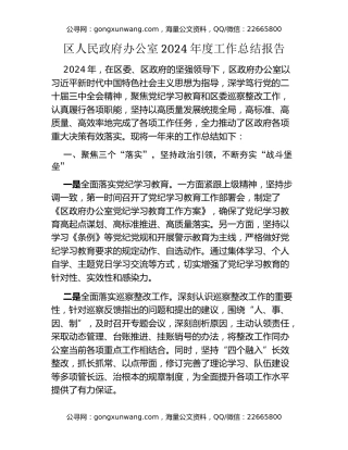 区人民政府办公室2024年度工作总结报告