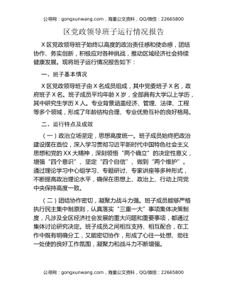 区党政领导班子运行情况报告