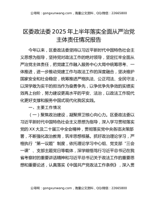 区委政法委2025年上半年落实全面从严治党主体责任情况报告