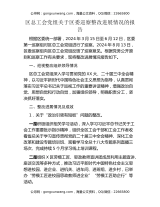 区总工会党组关于区委巡察整改进展情况的报告
