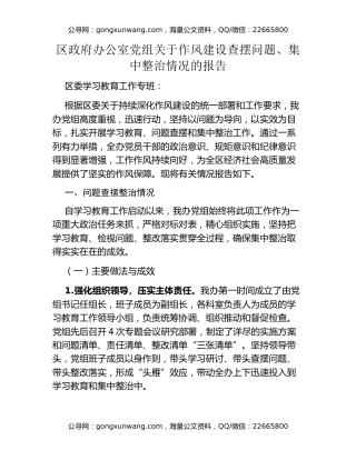 区政府办公室党组关于作风建设查摆问题、集中整治情况的报告
