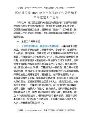 区纪委监委2025年上半年党建工作总结和下半年党建工作思路