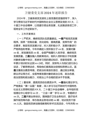 卫健委党支部2024年述职报告