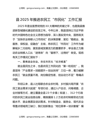 县2025年推进农民工“市民化”工作汇报