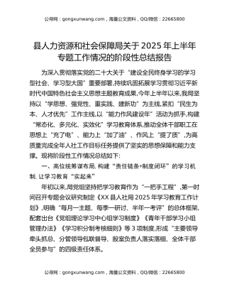 县人力资源和社会保障局关于2025年上半年专题工作情况的阶段性总结报告