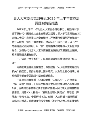 县人大常委会党组书记2025年上半年管党治党履职情况报告