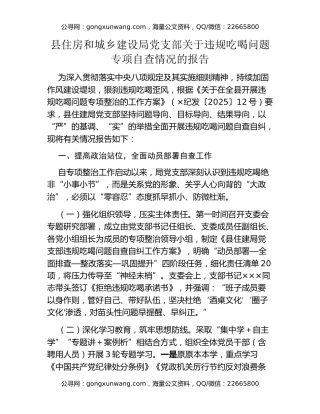 县住房和城乡建设局党支部关于违规吃喝问题专项自查情况的报告
