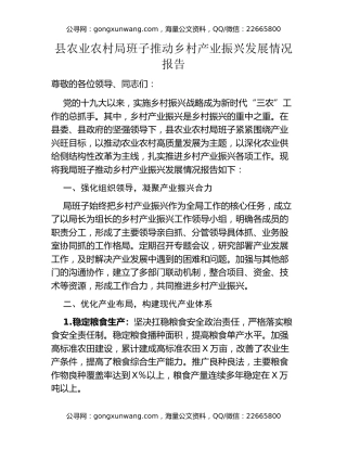 县农业农村局班子推动乡村产业振兴发展情况报告