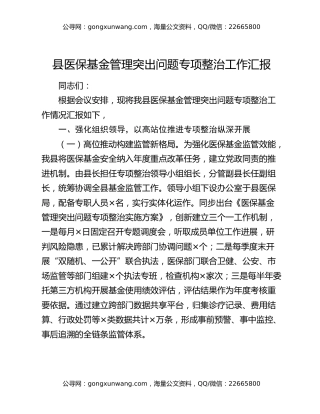 县医保基金管理突出问题专项整治工作汇报