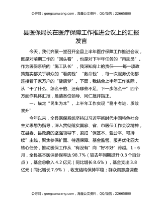 县医保局长在医疗保障工作推进会议上的汇报发言
