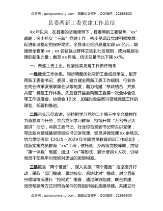 县委两新工委党建工作总结